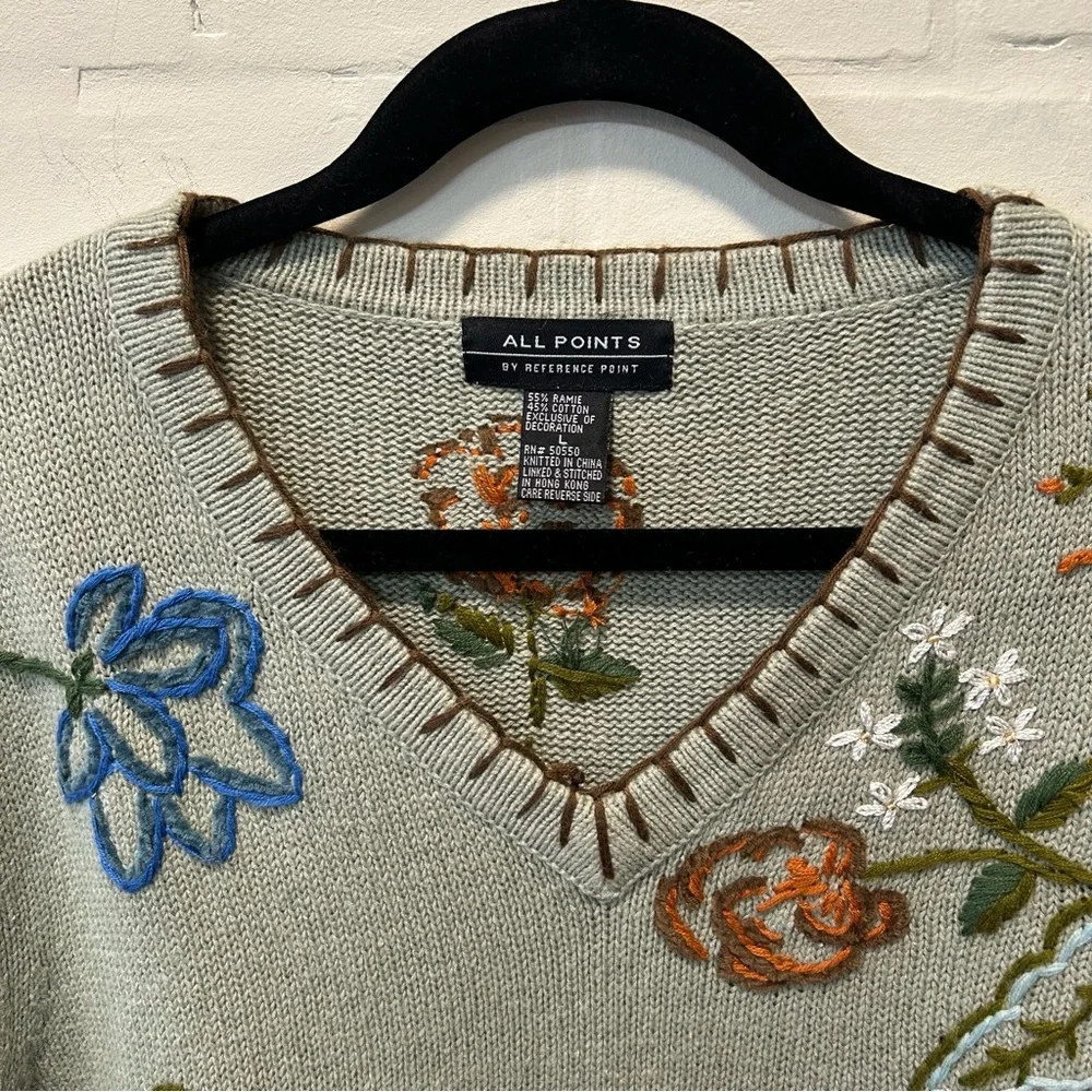 Vtg All Points Sage Green Floral Embroidered V Neck Cottagecore Sweater Sz L - Picture 2 of 7
